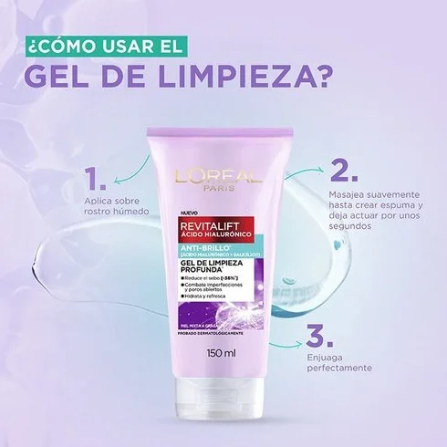 Revitalift Ácido Hialurónico Gel De Limpieza Profunda Anti-Brillo L'Oréal Paris - Imagen 3